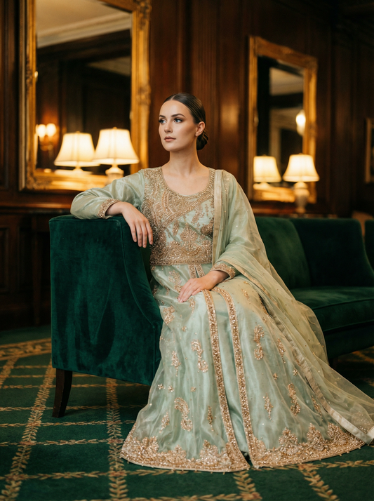 Light Olive Green Long Front Split Maxi With Gold Hand Work