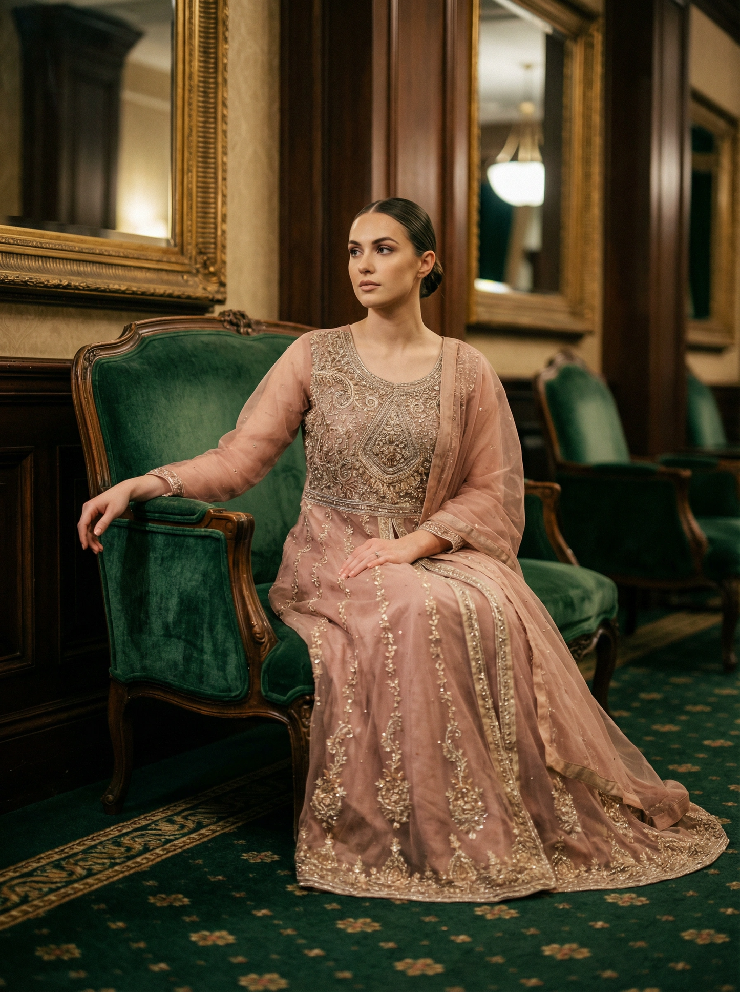 Pink Net and Tissue Silk Maxi Ensemble-Mughal Empress Noor Jahan Collection.