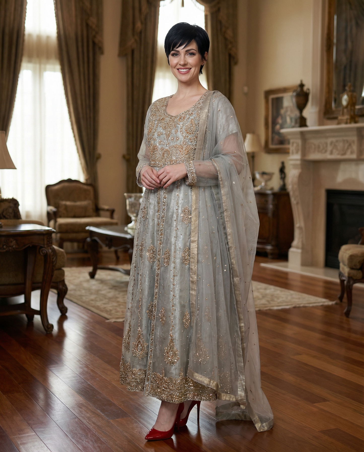 Light Grey Net Maxi With Gold Zari Work