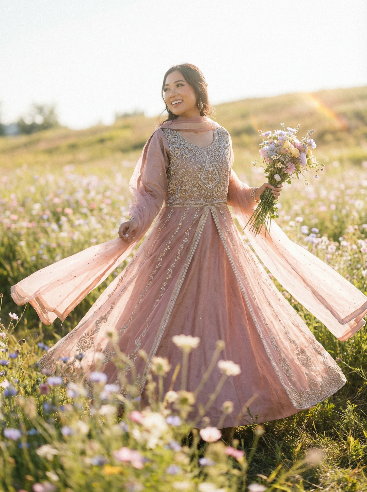 Pink Net and Tissue Silk Maxi Ensemble-Mughal Empress Noor Jahan Collection.